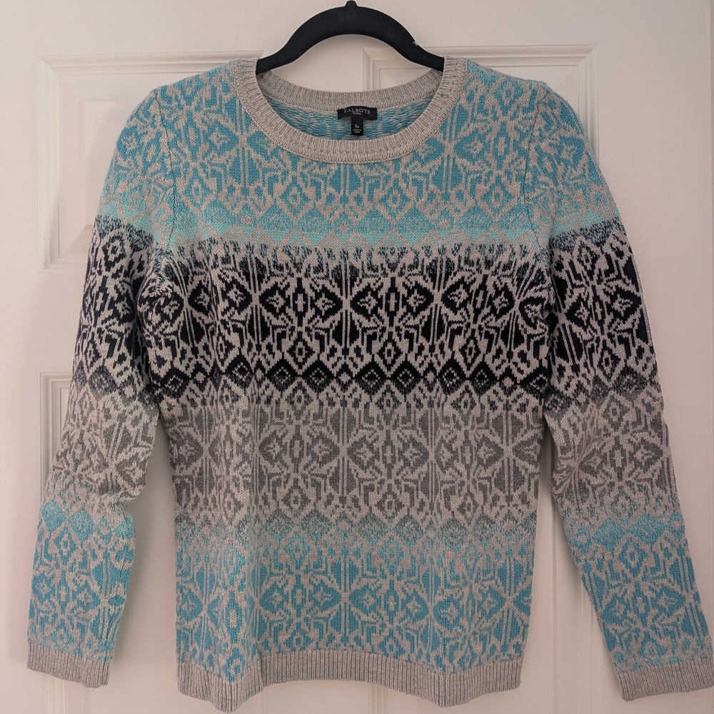 Talbots Sweater Womens SP Blue Ombre Fair Isle Crewneck Lambswool with Scarf